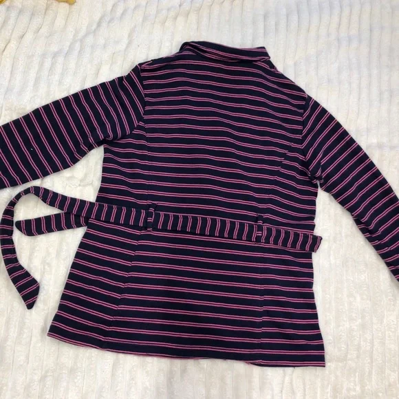 Merona EUC Navy & Pink Striped Double Breasted Knit Jacket w/Tie Belt Large - Picture 2 of 14